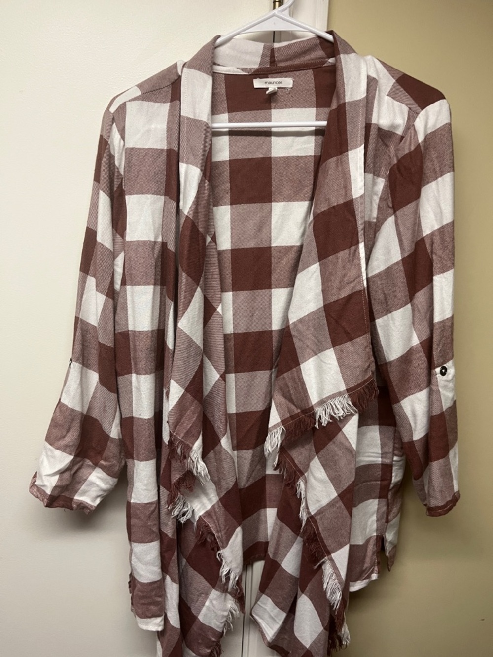 Maurices Brown & White Buffalo Check Fringe Cardigan